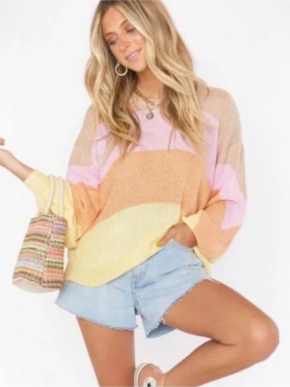 Show Me Your MuMu Pastel Colorblock Crewneck Sweater - Yellow, Pink, Orange, Tan